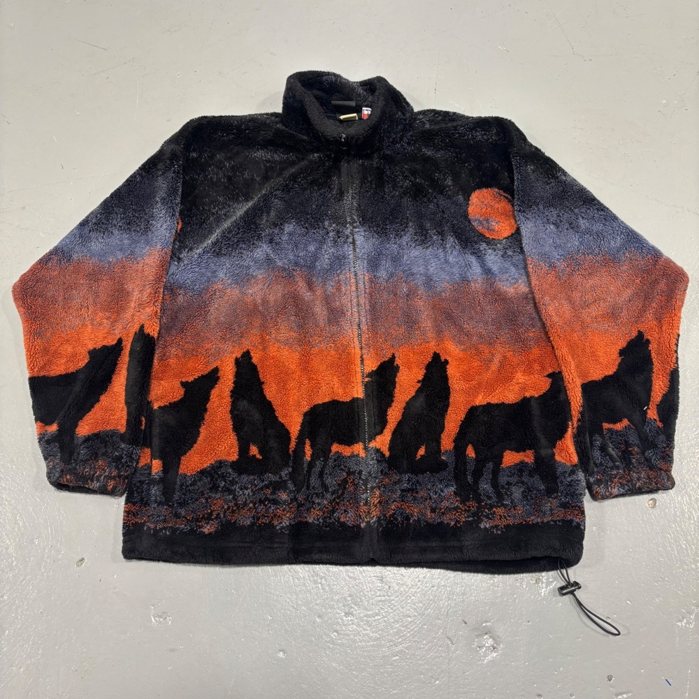 Vintage Mazmania Wolf Sunset Fleece Jacket Full Zip Made in USA Black Orange L